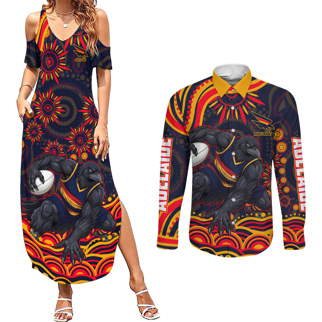 Personalized Adelaide Crows AFL Mascot Couples Matching Summer Maxi Dress and Long Sleeve Button Shirt Aboriginal Dot Art - Dreamtime Football Mascot