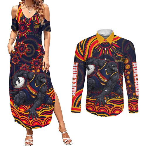 Personalized Adelaide Crows AFL Mascot Couples Matching Summer Maxi Dress and Long Sleeve Button Shirt Aboriginal Dot Art - Dreamtime Football Mascot