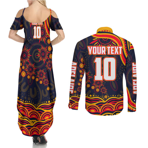 Personalized Adelaide Crows AFL Mascot Couples Matching Summer Maxi Dress and Long Sleeve Button Shirt Aboriginal Dot Art - Dreamtime Football Mascot