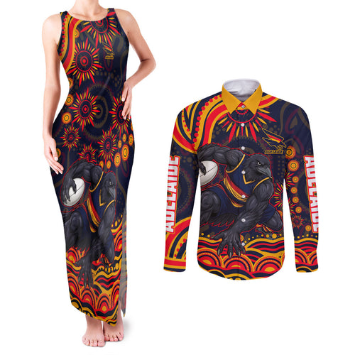 Personalized Adelaide Crows AFL Mascot Couples Matching Tank Maxi Dress and Long Sleeve Button Shirt Aboriginal Dot Art - Dreamtime Football Mascot
