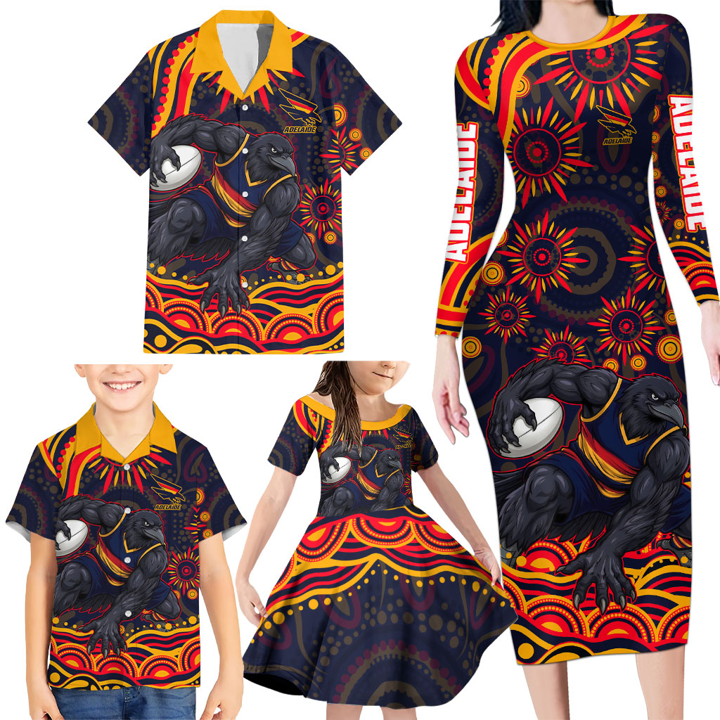 Personalized Adelaide Crows AFL Mascot Family Matching Long Sleeve Bodycon Dress and Hawaiian Shirt Aboriginal Dot Art - Dreamtime Football Mascot