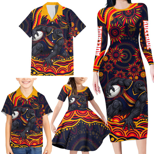 Personalized Adelaide Crows AFL Mascot Family Matching Long Sleeve Bodycon Dress and Hawaiian Shirt Aboriginal Dot Art - Dreamtime Football Mascot