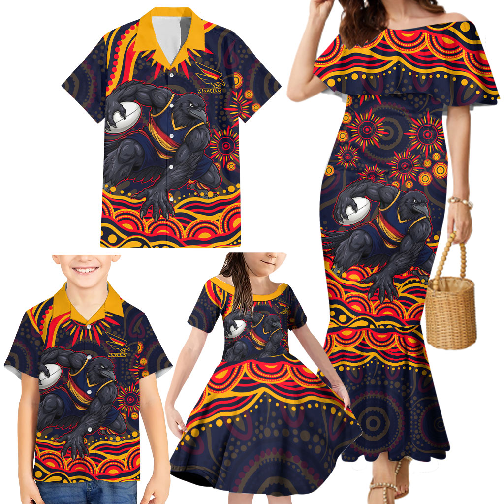 Personalized Adelaide Crows AFL Mascot Family Matching Mermaid Dress and Hawaiian Shirt Aboriginal Dot Art - Dreamtime Football Mascot