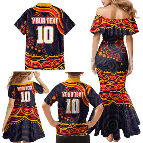 Personalized Adelaide Crows AFL Mascot Family Matching Mermaid Dress and Hawaiian Shirt Aboriginal Dot Art - Dreamtime Football Mascot