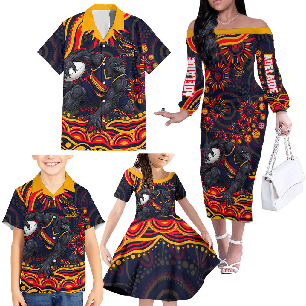 Personalized Adelaide Crows AFL Mascot Family Matching Off The Shoulder Long Sleeve Dress and Hawaiian Shirt Aboriginal Dot Art - Dreamtime Football Mascot