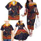 Personalized Adelaide Crows AFL Mascot Family Matching Off The Shoulder Long Sleeve Dress and Hawaiian Shirt Aboriginal Dot Art - Dreamtime Football Mascot