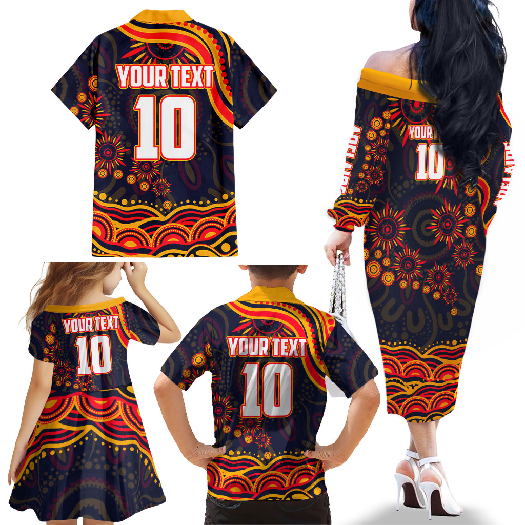 Personalized Adelaide Crows AFL Mascot Family Matching Off The Shoulder Long Sleeve Dress and Hawaiian Shirt Aboriginal Dot Art - Dreamtime Football Mascot