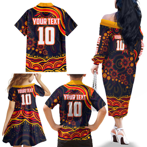 Personalized Adelaide Crows AFL Mascot Family Matching Off The Shoulder Long Sleeve Dress and Hawaiian Shirt Aboriginal Dot Art - Dreamtime Football Mascot