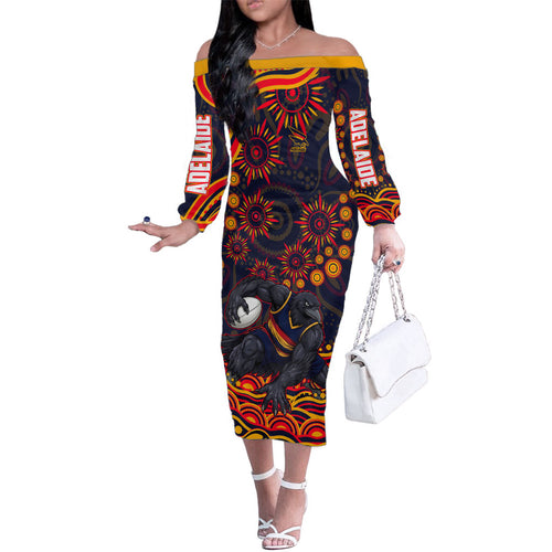 Personalized Adelaide Crows AFL Mascot Family Matching Off The Shoulder Long Sleeve Dress and Hawaiian Shirt Aboriginal Dot Art - Dreamtime Football Mascot