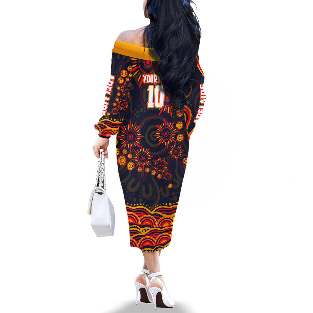 Personalized Adelaide Crows AFL Mascot Family Matching Off The Shoulder Long Sleeve Dress and Hawaiian Shirt Aboriginal Dot Art - Dreamtime Football Mascot
