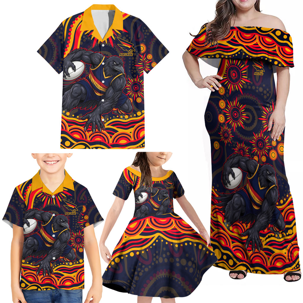 Personalized Adelaide Crows AFL Mascot Family Matching Off Shoulder Maxi Dress and Hawaiian Shirt Aboriginal Dot Art - Dreamtime Football Mascot