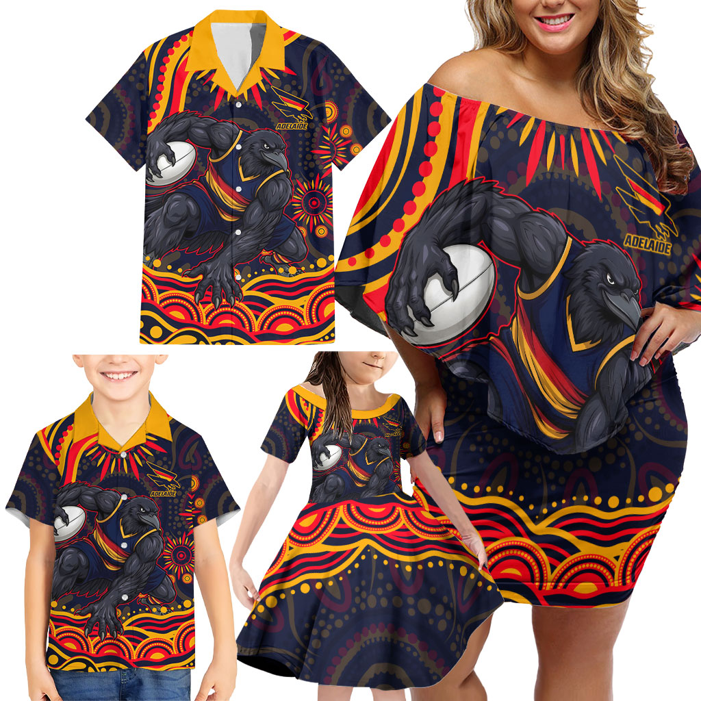 Personalized Adelaide Crows AFL Mascot Family Matching Off Shoulder Short Dress and Hawaiian Shirt Aboriginal Dot Art - Dreamtime Football Mascot