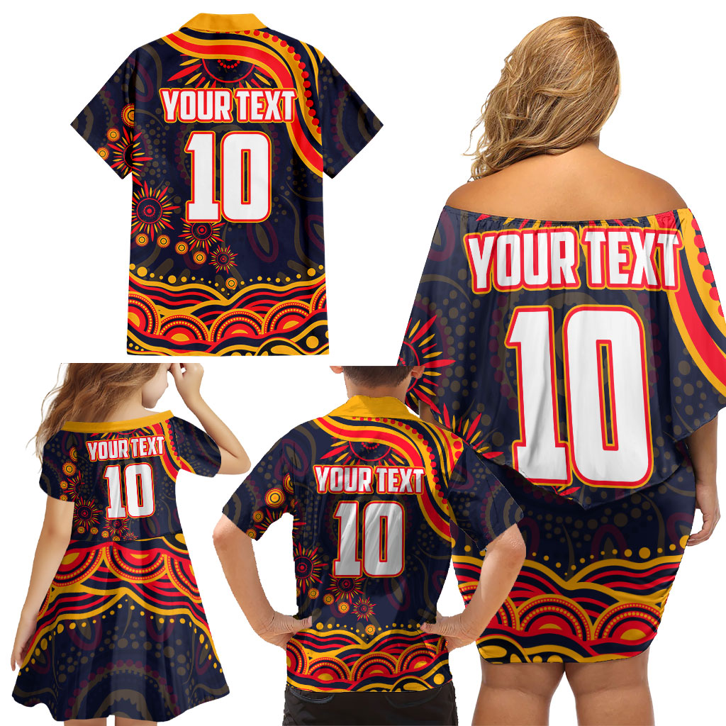 Personalized Adelaide Crows AFL Mascot Family Matching Off Shoulder Short Dress and Hawaiian Shirt Aboriginal Dot Art - Dreamtime Football Mascot