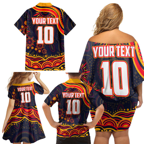 Personalized Adelaide Crows AFL Mascot Family Matching Off Shoulder Short Dress and Hawaiian Shirt Aboriginal Dot Art - Dreamtime Football Mascot