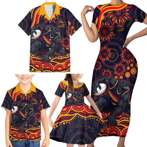 Personalized Adelaide Crows AFL Mascot Family Matching Short Sleeve Bodycon Dress and Hawaiian Shirt Aboriginal Dot Art - Dreamtime Football Mascot