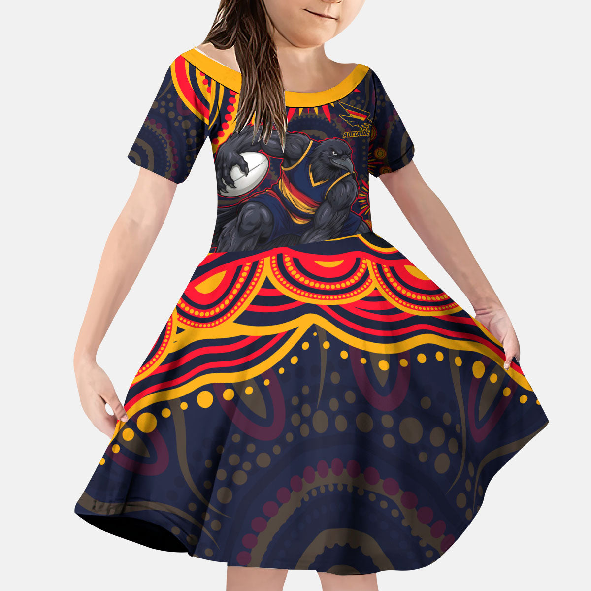 Personalized Adelaide Crows AFL Mascot Kid Short Sleeve Dress Aboriginal Dot Art - Dreamtime Football Mascot