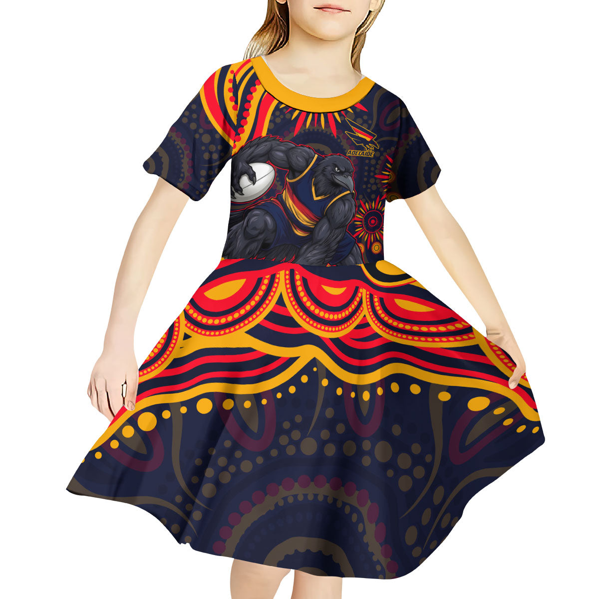Personalized Adelaide Crows AFL Mascot Kid Short Sleeve Dress Aboriginal Dot Art - Dreamtime Football Mascot