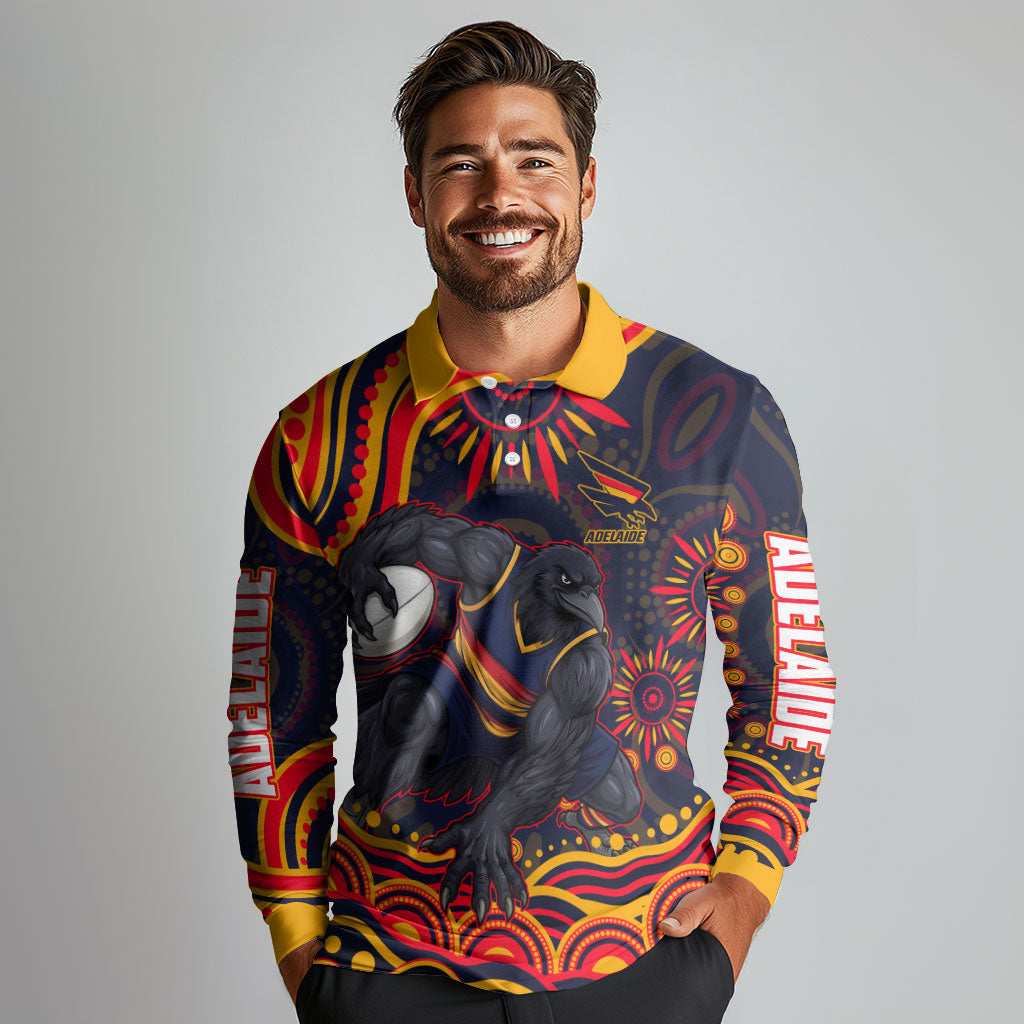 Personalized Adelaide Crows AFL Mascot Long Sleeve Polo Shirt Aboriginal Dot Art - Dreamtime Football Mascot