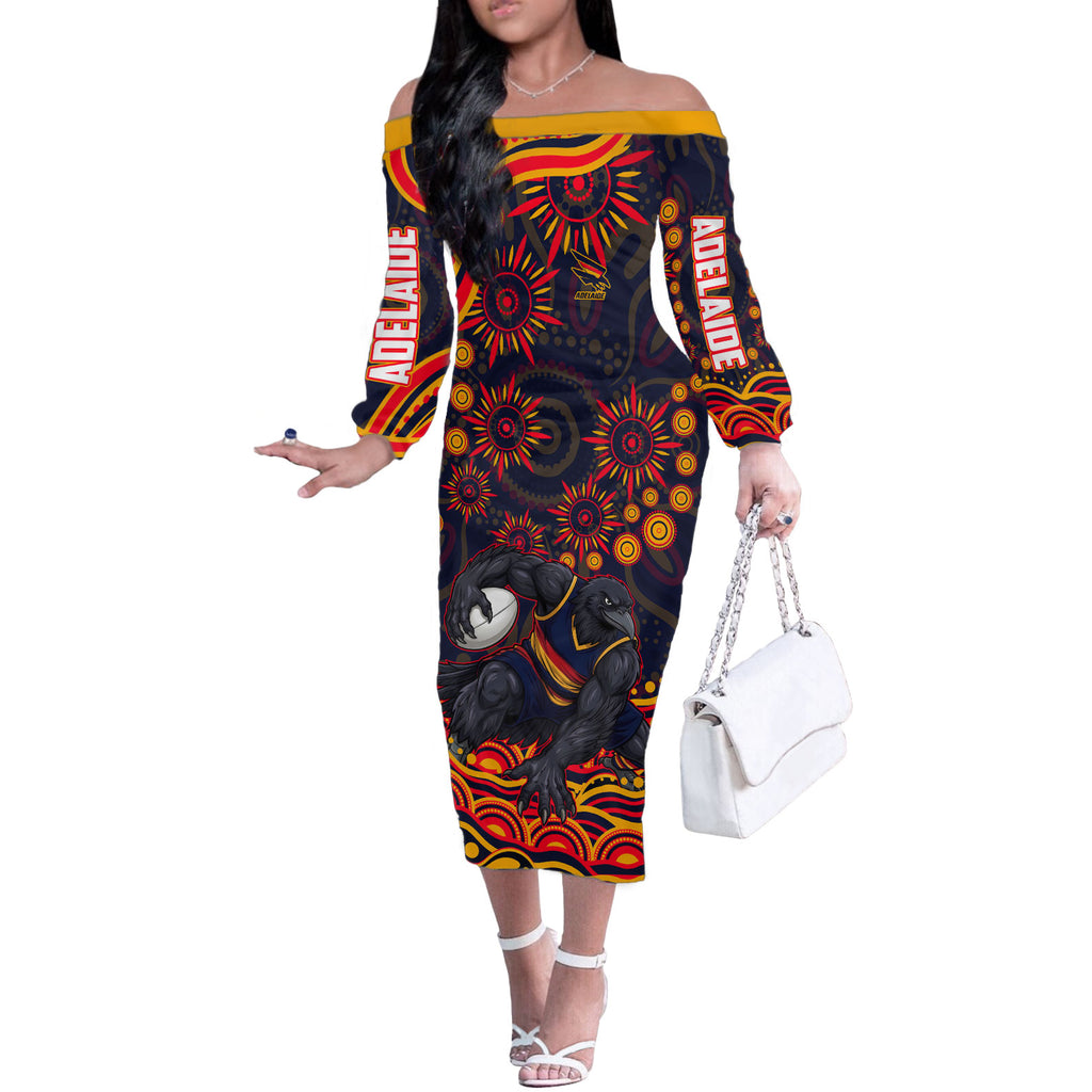 Personalized Adelaide Crows AFL Mascot Off The Shoulder Long Sleeve Dress Aboriginal Dot Art - Dreamtime Football Mascot