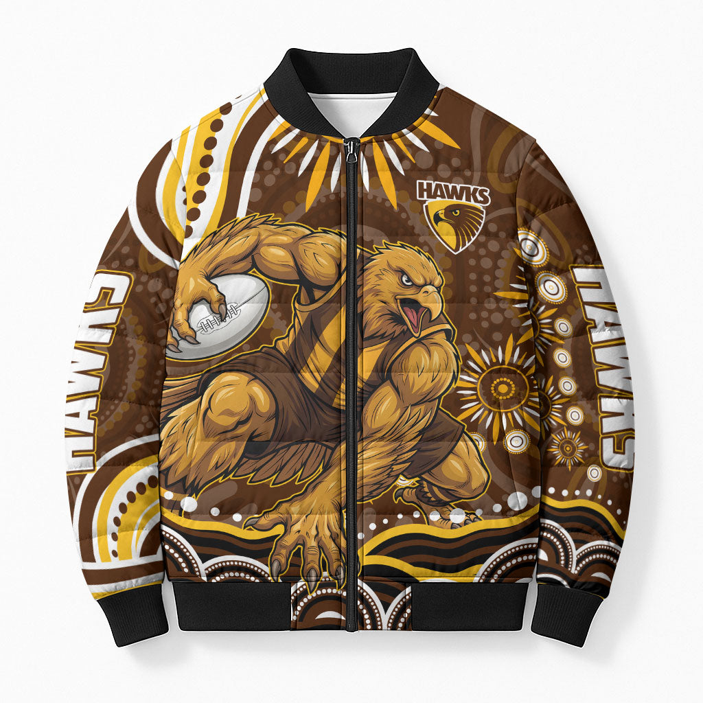Personalized Hawthorn Hawks AFL Mascot Bomber Puffer Jacket Aboriginal Dot Art - Dreamtime Football Mascot