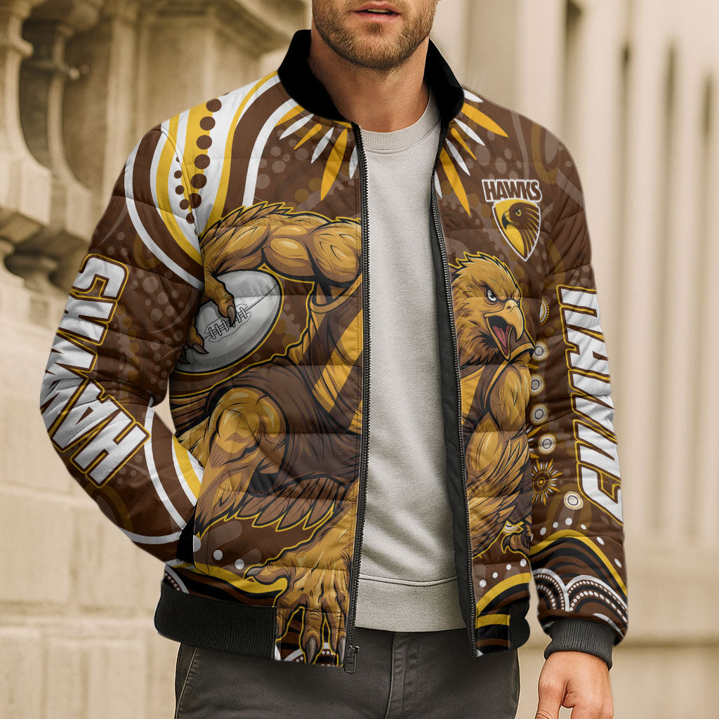 Personalized Hawthorn Hawks AFL Mascot Bomber Puffer Jacket Aboriginal Dot Art - Dreamtime Football Mascot