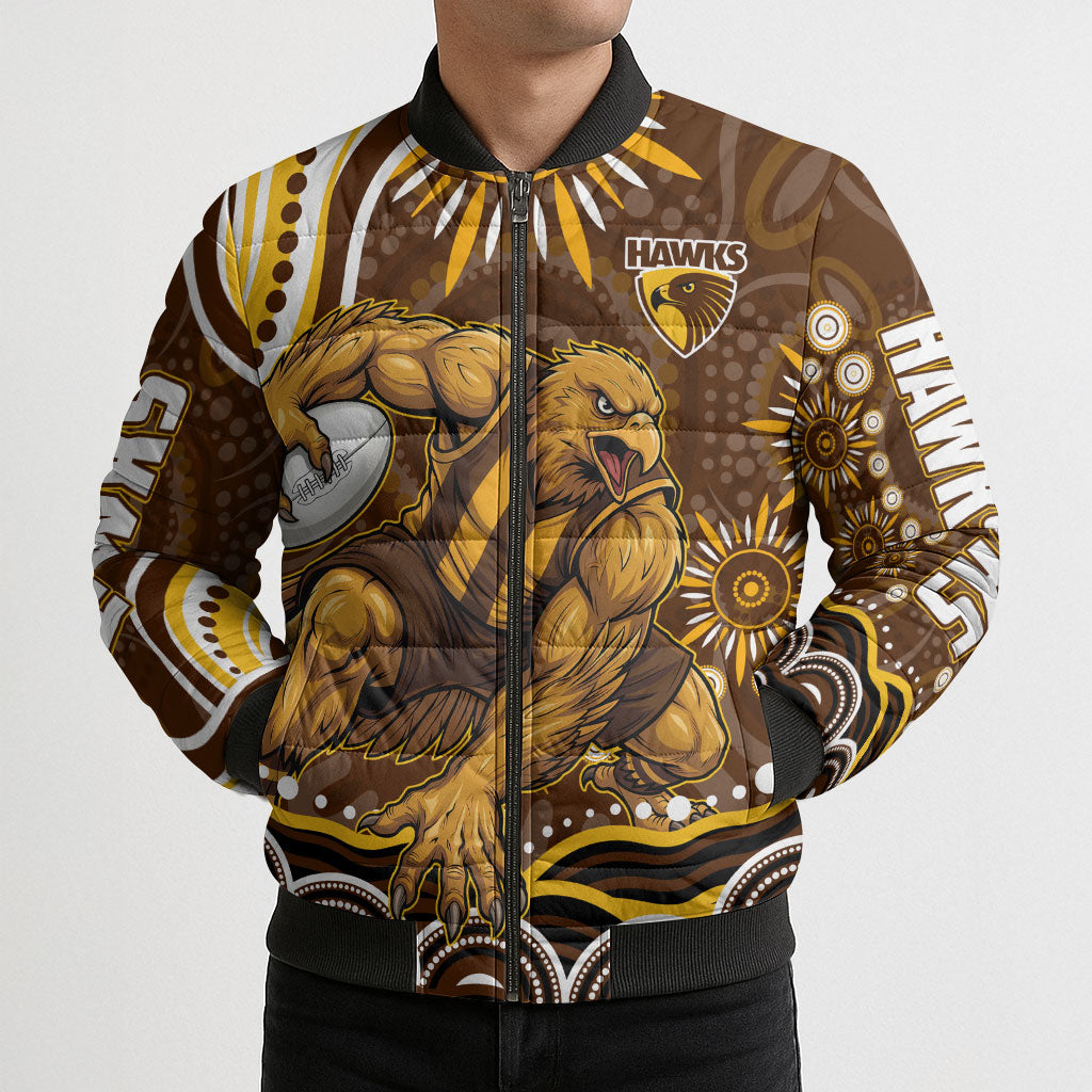 Personalized Hawthorn Hawks AFL Mascot Bomber Puffer Jacket Aboriginal Dot Art - Dreamtime Football Mascot