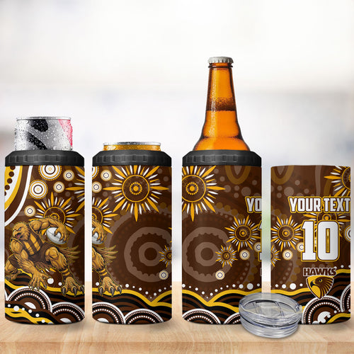Personalized Hawthorn Hawks AFL Mascot 4 in 1 Can Cooler Tumbler Aboriginal Dot Art - Dreamtime Football Mascot