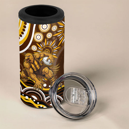Personalized Hawthorn Hawks AFL Mascot 4 in 1 Can Cooler Tumbler Aboriginal Dot Art - Dreamtime Football Mascot