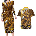 Personalized Hawthorn Hawks AFL Mascot Couples Matching Long Sleeve Bodycon Dress and Hawaiian Shirt Aboriginal Dot Art - Dreamtime Football Mascot
