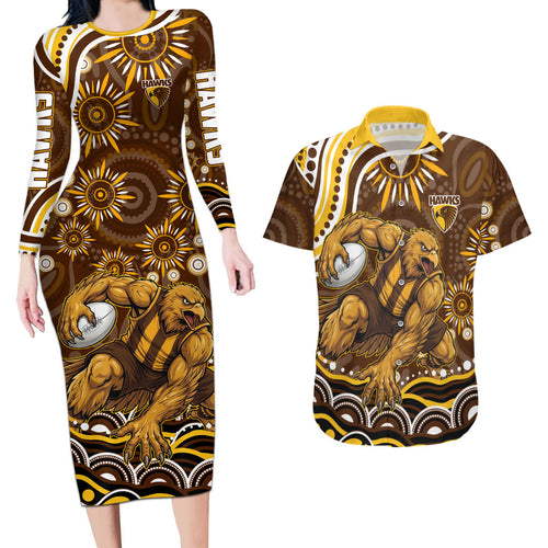 Personalized Hawthorn Hawks AFL Mascot Couples Matching Long Sleeve Bodycon Dress and Hawaiian Shirt Aboriginal Dot Art - Dreamtime Football Mascot