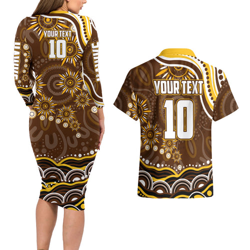 Personalized Hawthorn Hawks AFL Mascot Couples Matching Long Sleeve Bodycon Dress and Hawaiian Shirt Aboriginal Dot Art - Dreamtime Football Mascot
