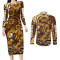 Personalized Hawthorn Hawks AFL Mascot Couples Matching Long Sleeve Bodycon Dress and Long Sleeve Button Shirt Aboriginal Dot Art - Dreamtime Football Mascot