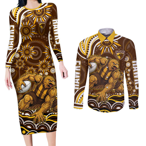 Personalized Hawthorn Hawks AFL Mascot Couples Matching Long Sleeve Bodycon Dress and Long Sleeve Button Shirt Aboriginal Dot Art - Dreamtime Football Mascot