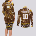 Personalized Hawthorn Hawks AFL Mascot Couples Matching Long Sleeve Bodycon Dress and Long Sleeve Button Shirt Aboriginal Dot Art - Dreamtime Football Mascot