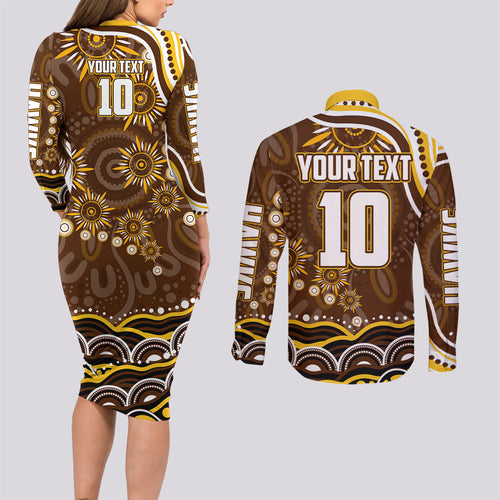 Personalized Hawthorn Hawks AFL Mascot Couples Matching Long Sleeve Bodycon Dress and Long Sleeve Button Shirt Aboriginal Dot Art - Dreamtime Football Mascot