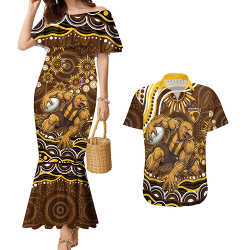 Personalized Hawthorn Hawks AFL Mascot Couples Matching Mermaid Dress and Hawaiian Shirt Aboriginal Dot Art - Dreamtime Football Mascot