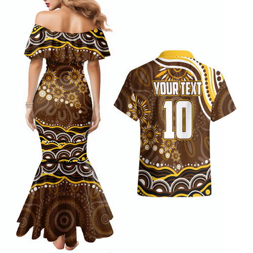 Personalized Hawthorn Hawks AFL Mascot Couples Matching Mermaid Dress and Hawaiian Shirt Aboriginal Dot Art - Dreamtime Football Mascot