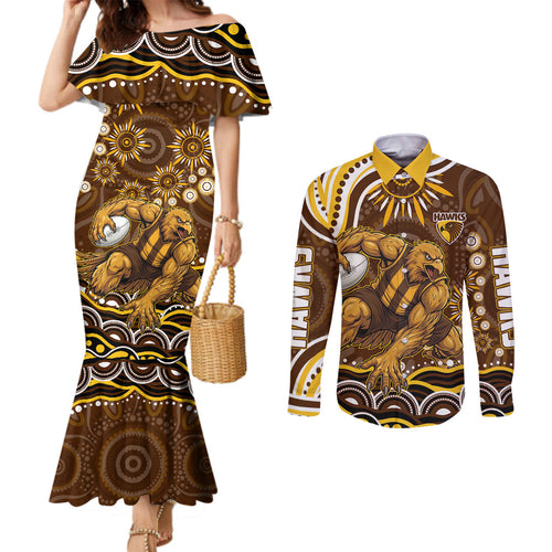 Personalized Hawthorn Hawks AFL Mascot Couples Matching Mermaid Dress and Long Sleeve Button Shirt Aboriginal Dot Art - Dreamtime Football Mascot
