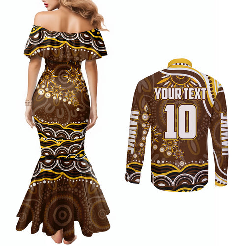 Personalized Hawthorn Hawks AFL Mascot Couples Matching Mermaid Dress and Long Sleeve Button Shirt Aboriginal Dot Art - Dreamtime Football Mascot