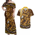 Personalized Hawthorn Hawks AFL Mascot Couples Matching Off Shoulder Maxi Dress and Hawaiian Shirt Aboriginal Dot Art - Dreamtime Football Mascot