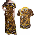 Personalized Hawthorn Hawks AFL Mascot Couples Matching Off Shoulder Maxi Dress and Hawaiian Shirt Aboriginal Dot Art - Dreamtime Football Mascot