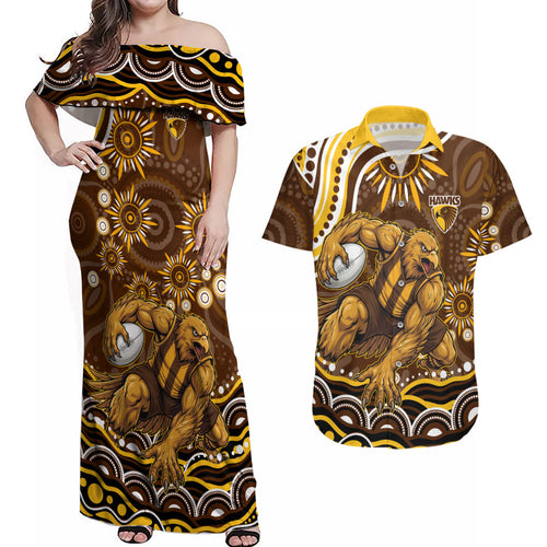 Personalized Hawthorn Hawks AFL Mascot Couples Matching Off Shoulder Maxi Dress and Hawaiian Shirt Aboriginal Dot Art - Dreamtime Football Mascot