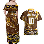 Personalized Hawthorn Hawks AFL Mascot Couples Matching Off Shoulder Maxi Dress and Hawaiian Shirt Aboriginal Dot Art - Dreamtime Football Mascot
