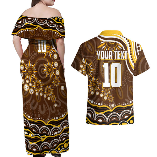 Personalized Hawthorn Hawks AFL Mascot Couples Matching Off Shoulder Maxi Dress and Hawaiian Shirt Aboriginal Dot Art - Dreamtime Football Mascot