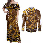 Personalized Hawthorn Hawks AFL Mascot Couples Matching Off Shoulder Maxi Dress and Long Sleeve Button Shirt Aboriginal Dot Art - Dreamtime Football Mascot