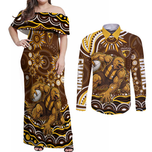 Personalized Hawthorn Hawks AFL Mascot Couples Matching Off Shoulder Maxi Dress and Long Sleeve Button Shirt Aboriginal Dot Art - Dreamtime Football Mascot