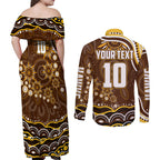Personalized Hawthorn Hawks AFL Mascot Couples Matching Off Shoulder Maxi Dress and Long Sleeve Button Shirt Aboriginal Dot Art - Dreamtime Football Mascot