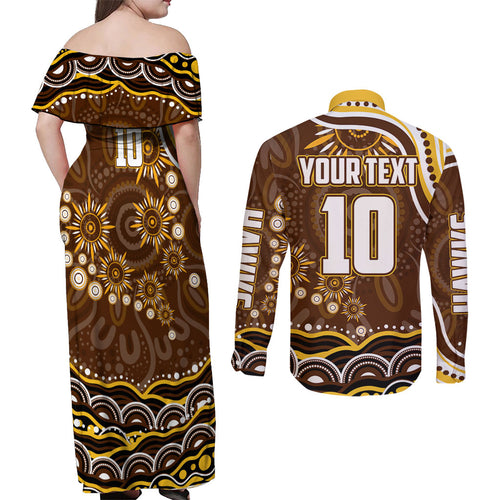 Personalized Hawthorn Hawks AFL Mascot Couples Matching Off Shoulder Maxi Dress and Long Sleeve Button Shirt Aboriginal Dot Art - Dreamtime Football Mascot