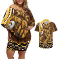 Personalized Hawthorn Hawks AFL Mascot Couples Matching Off Shoulder Short Dress and Hawaiian Shirt Aboriginal Dot Art - Dreamtime Football Mascot