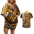 Personalized Hawthorn Hawks AFL Mascot Couples Matching Off Shoulder Short Dress and Hawaiian Shirt Aboriginal Dot Art - Dreamtime Football Mascot